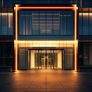 Exterior view of illuminated modern building , high detail, 8k --ar 3:2 Job ID: 8b12b837-bf8f-442a-849a-bb2d5d7f1cf4